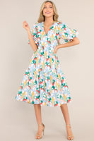 Eyes In Paradise Sky Blue Multi Print Midi Dress