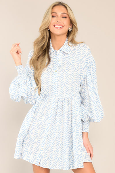 This Is Your Sign Sky Blue Print Button Front Mini Dress