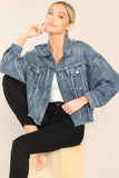 All The Buzz Distressed Dark Wash Denim Jacket